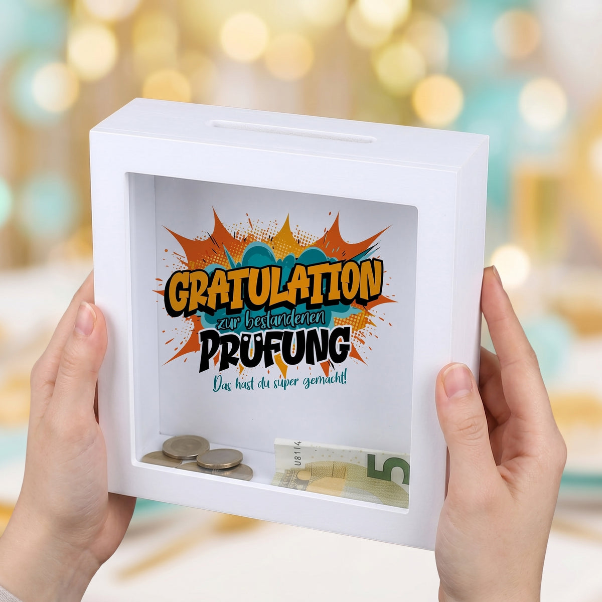 Bilderrahmen-Spardose „Gratulation zur bestandenen Prüfung“ mit Geldschein als Geschenkidee