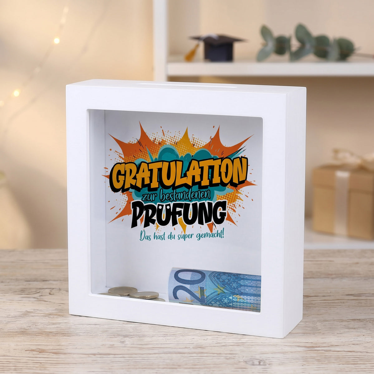 Bilderrahmen-Spardose „Gratulation zur bestandenen Prüfung“ mit Geldschein als Geschenkidee