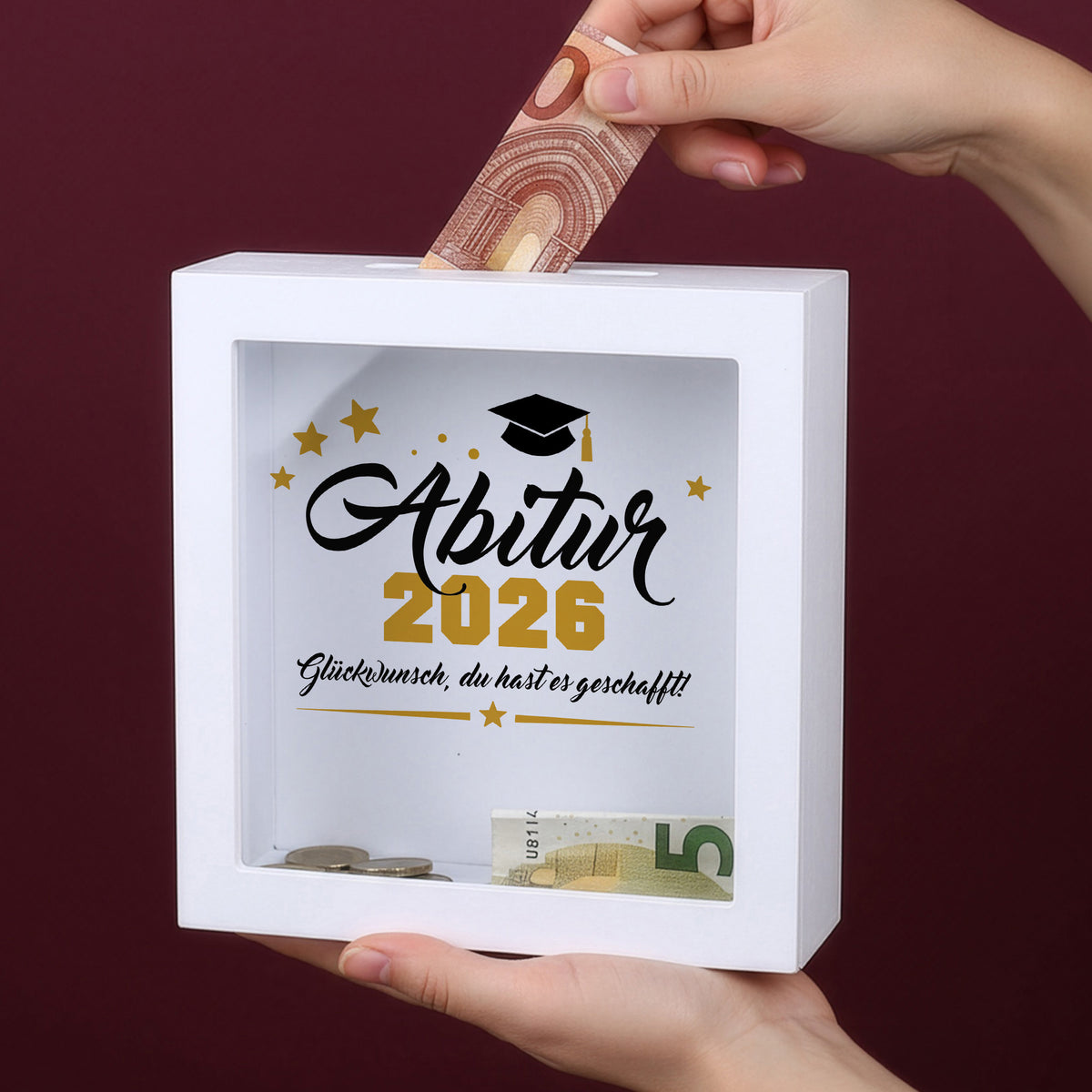 Weiße Bilderrahmen-Spardose „Abitur 2026“ als Geldgeschenk zur bestandenen Abiturprüfung