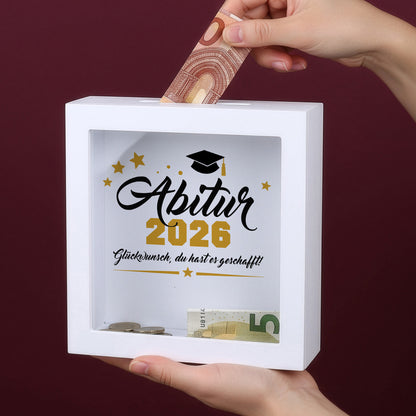 Weiße Bilderrahmen-Spardose „Abitur 2026“ als Geldgeschenk zur bestandenen Abiturprüfung