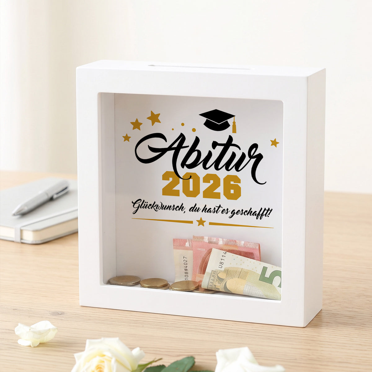 Weiße Bilderrahmen-Spardose „Abitur 2026“ als Geldgeschenk zur bestandenen Abiturprüfung