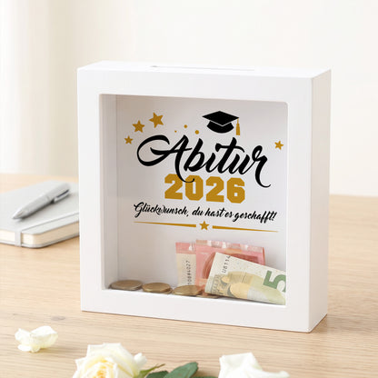 Weiße Bilderrahmen-Spardose „Abitur 2026“ als Geldgeschenk zur bestandenen Abiturprüfung