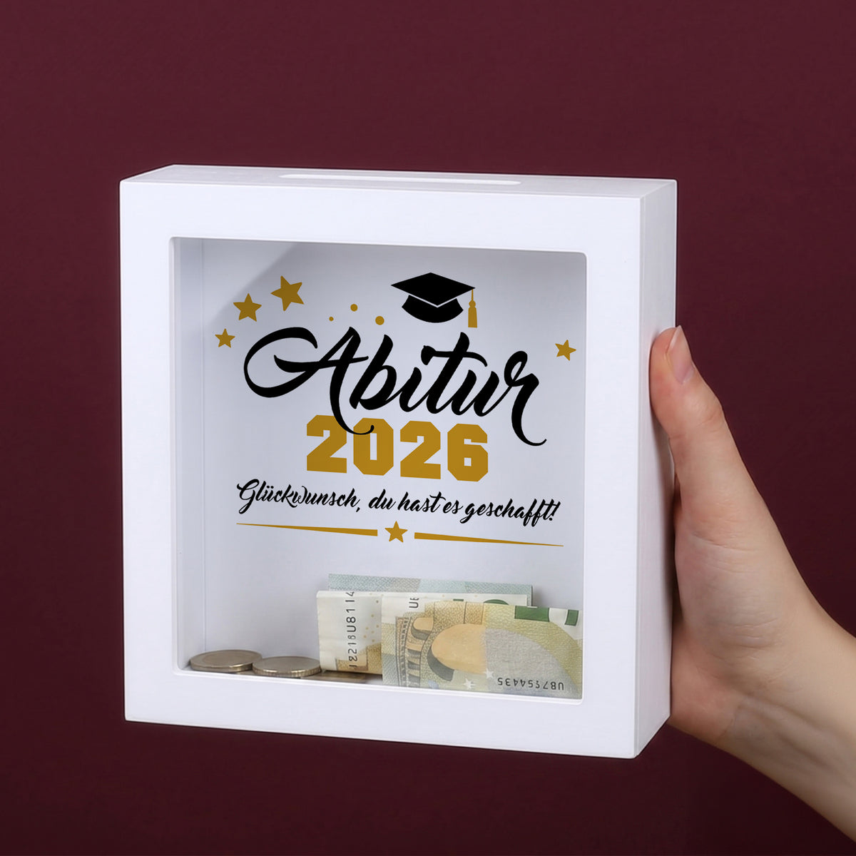 Weiße Bilderrahmen-Spardose „Abitur 2026“ als Geldgeschenk zur bestandenen Abiturprüfung