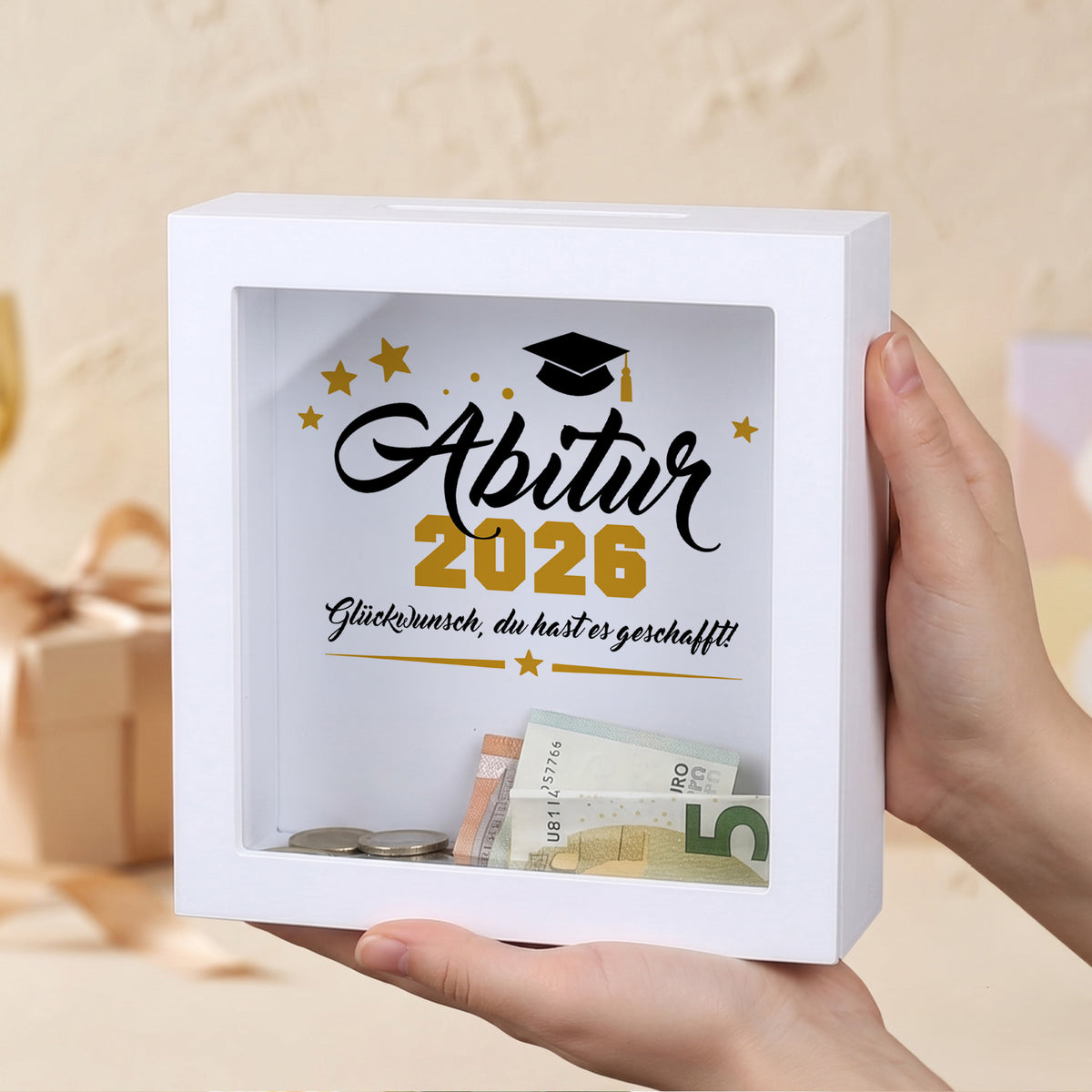Weiße Bilderrahmen-Spardose „Abitur 2026“ als Geldgeschenk zur bestandenen Abiturprüfung