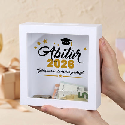 Weiße Bilderrahmen-Spardose „Abitur 2026“ als Geldgeschenk zur bestandenen Abiturprüfung