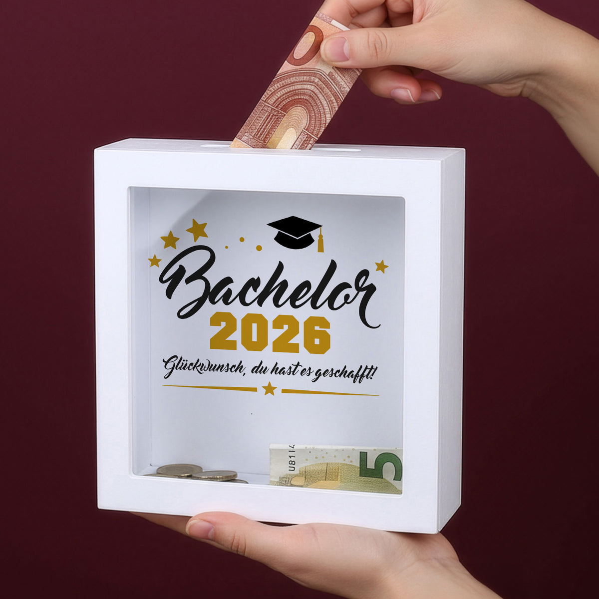 Bilderrahmen-Spardose „Bachelor 2026“ mit Geldschein und Münzen hinter Glas
