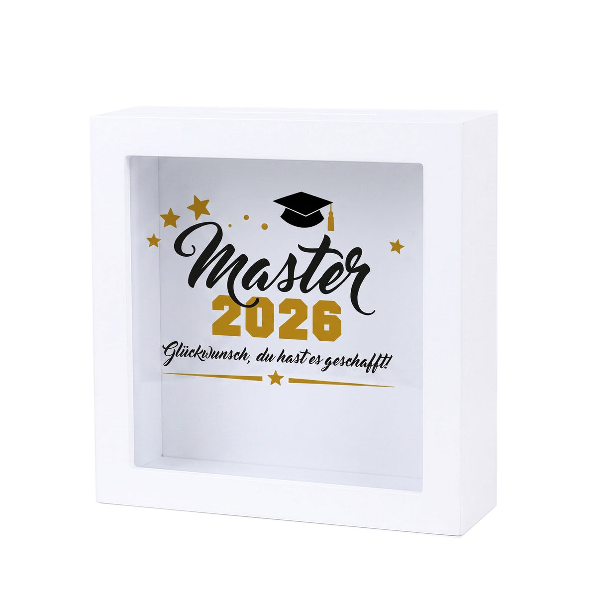 Geldgeschenk-Spardose „Master 2026“ im weißen Bilderrahmen mit dekorativem Abschlussdesign