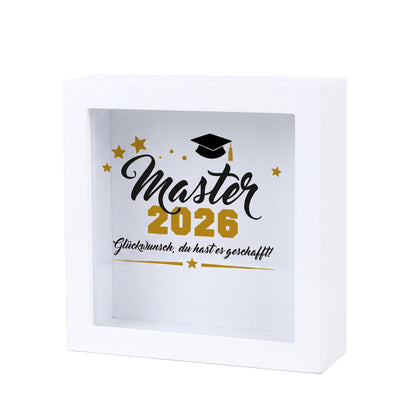Geldgeschenk-Spardose „Master 2026“ im weißen Bilderrahmen mit dekorativem Abschlussdesign
