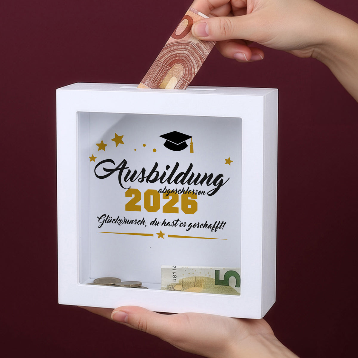Bilderrahmen-Spardose „Ausbildung abgeschlossen 2026“ mit Geldschlitz und Geldschein als Geschenk zur bestandenen Ausbildung