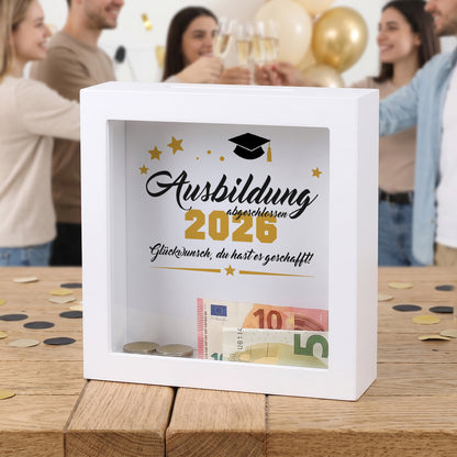 Bilderrahmen-Spardose „Ausbildung abgeschlossen 2026“ mit Geldschlitz und Geldschein als Geschenk zur bestandenen Ausbildung