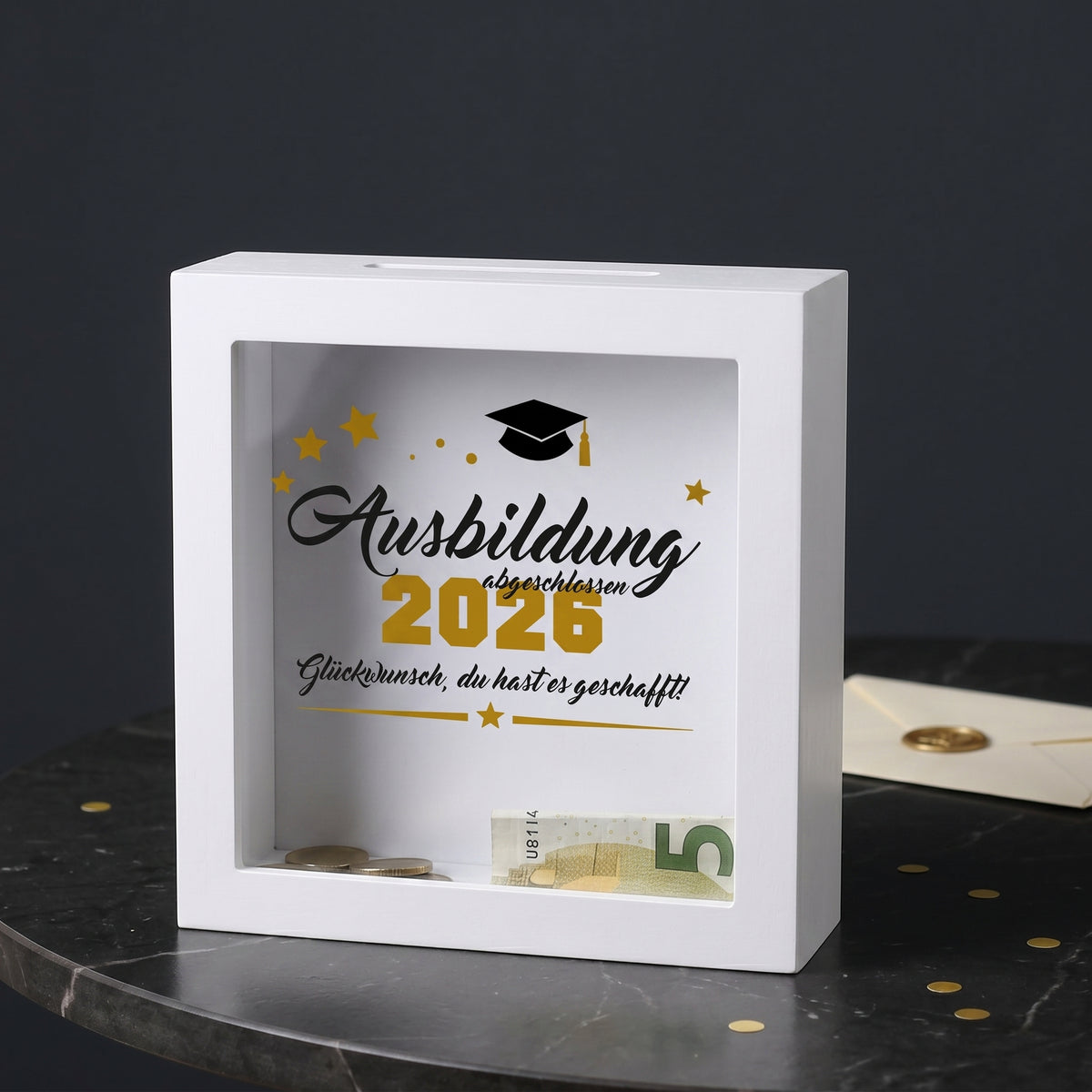 Bilderrahmen-Spardose „Ausbildung abgeschlossen 2026“ mit Geldschlitz und Geldschein als Geschenk zur bestandenen Ausbildung
