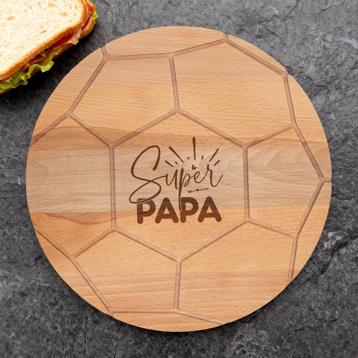 Frühstücksbrettchen Servierbrett Holz graviert Super Papa Fußball Design