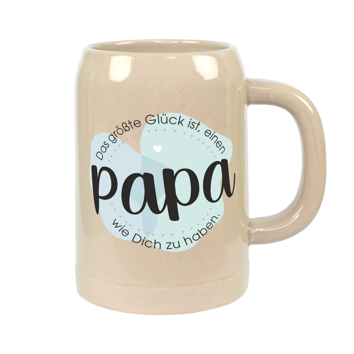 Freigestellter kleiner Papa Bierkrug aus Keramik mit Spruch „Das größte Glück ist, einen Papa wie Dich zu haben.“