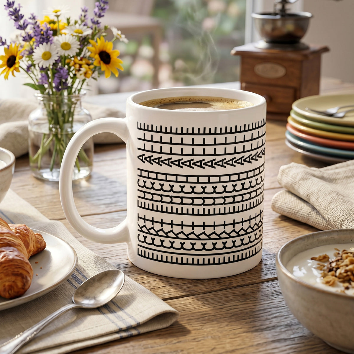 Weiße Keramiktasse mit versteckter Botschaft auf Frühstückstisch neben Blumen und Croissant