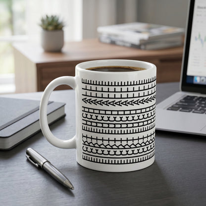 Lustige Tasse mit modernem Schwarz-Weiß-Muster auf Schreibtisch neben Laptop und Notizbuch