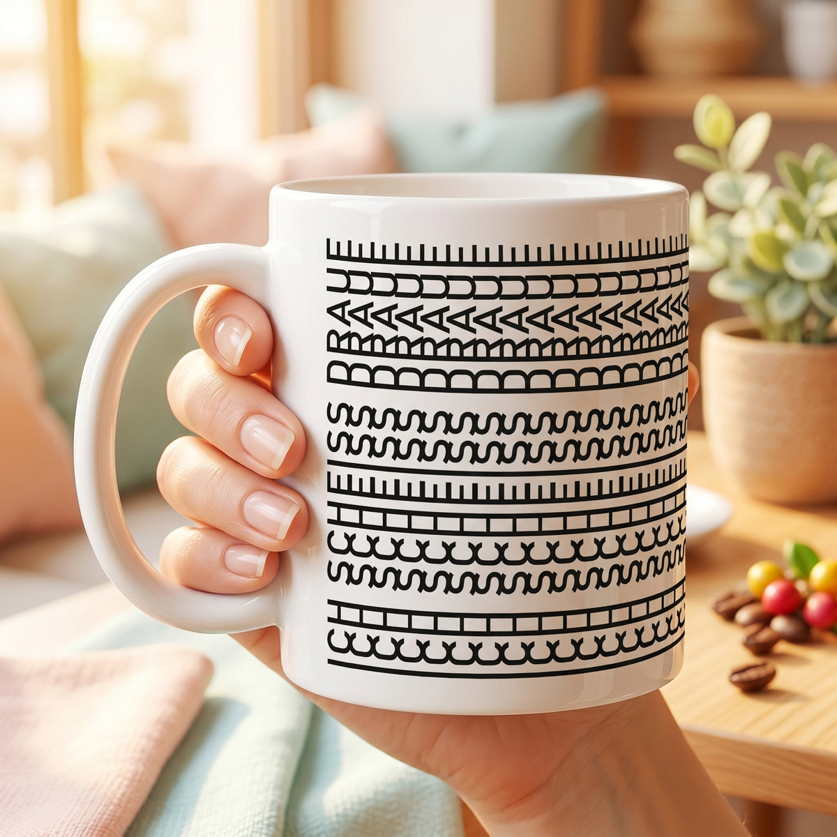 Weiße Tasse mit modernem Schwarz-Weiß-Muster wird in der Hand gehalten