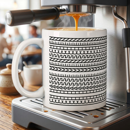Tasse mit versteckter Botschaft unter Kaffeemaschine beim Befüllen mit frischem Kaffee
