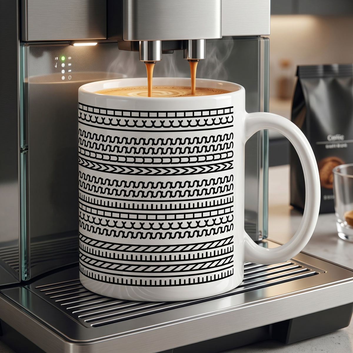 Kaffeetasse mit versteckter Botschaft unter Kaffeemaschine beim Befüllen mit Kaffee