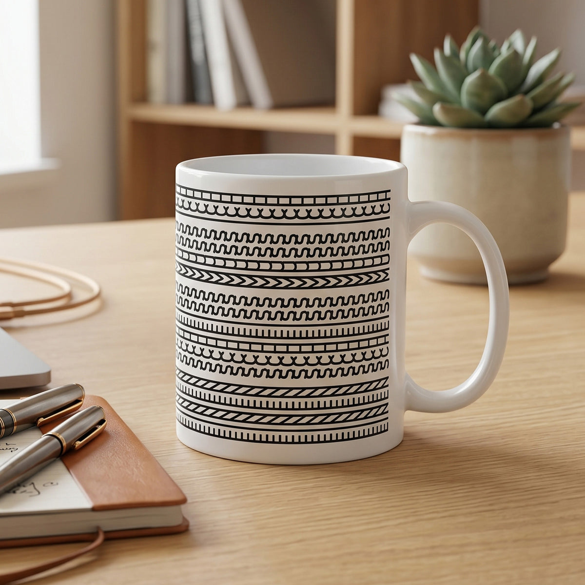 Weiße Kaffeetasse mit schwarzem Muster als lustiges Geschenk für Büro und Alltag