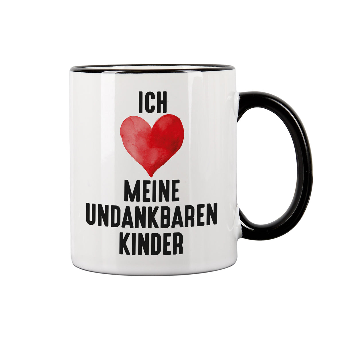 Weiße Tasse mit rotem Herzmotiv und schwarzem Rand, Frontansicht auf neutralem Hintergrund