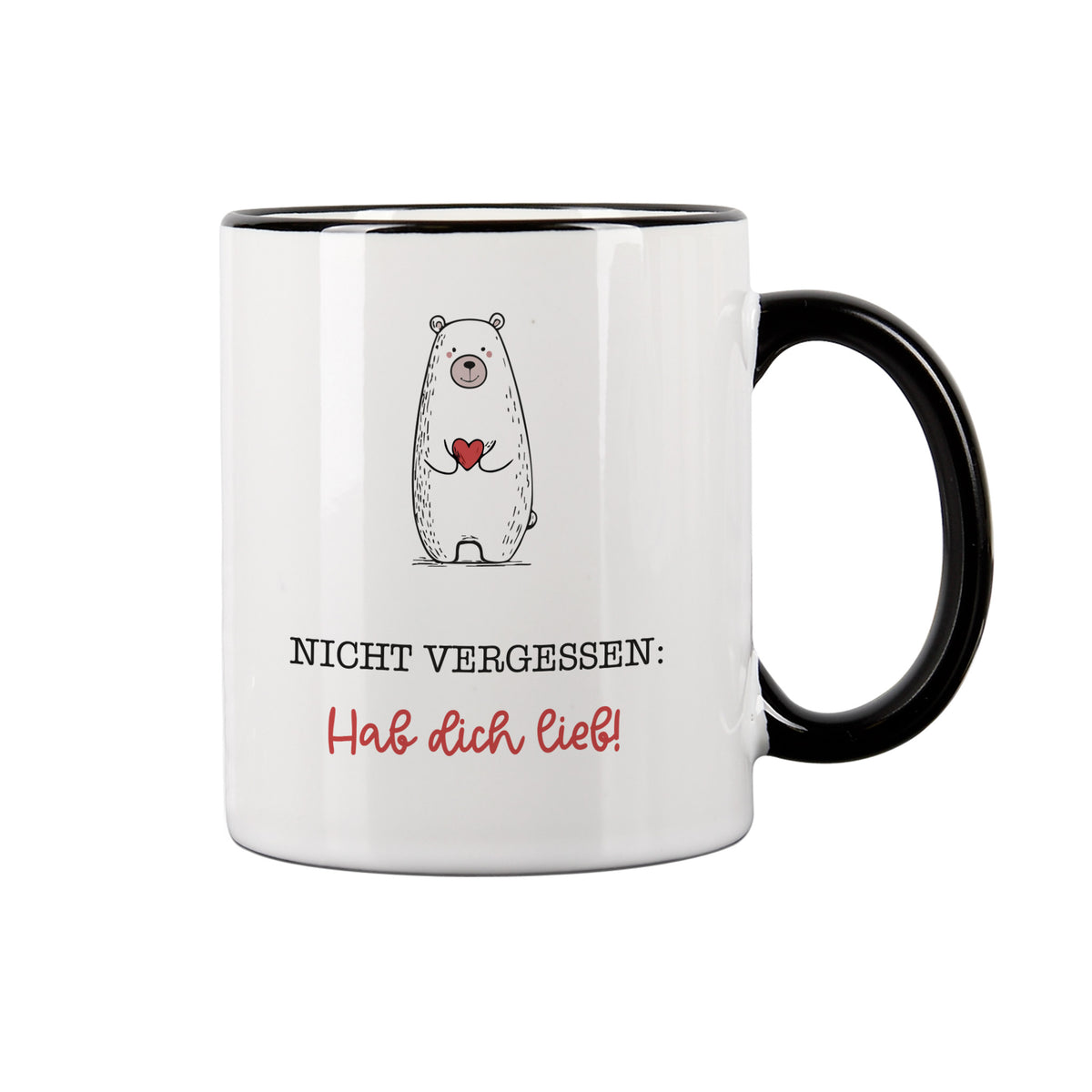 Keramiktasse mit Bärenmotiv und Spruch „Nicht vergessen: Hab dich lieb!“ mit schwarzem Henkel auf weißem Hintergrund.