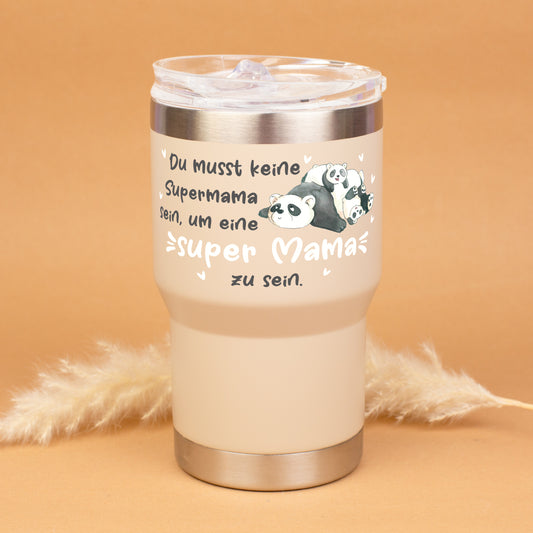 Thermobecher beige mit Panda Motiv Super Mama auf warmem Hintergrund