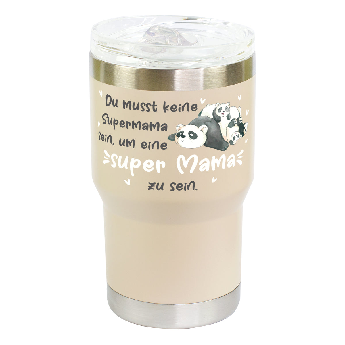 Detailansicht Thermobecher beige mit Panda Design und Schriftzug Super Mama