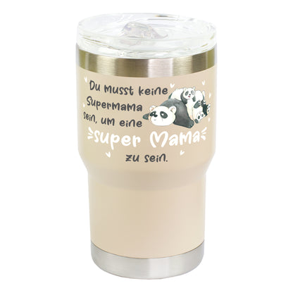 Detailansicht Thermobecher beige mit Panda Design und Schriftzug Super Mama