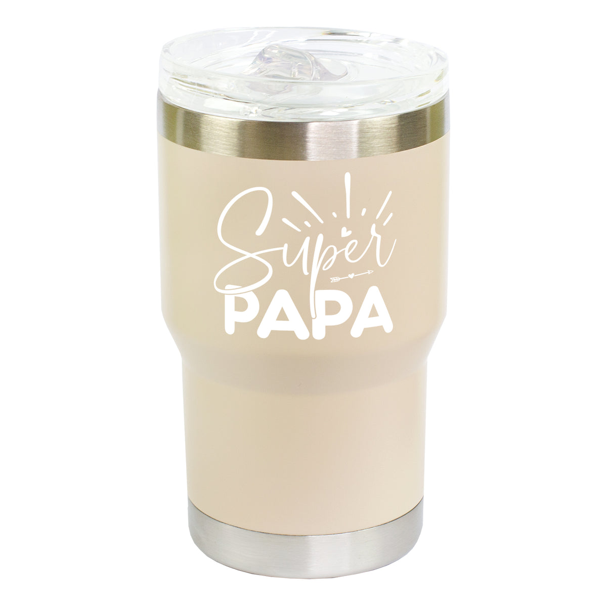 Beiger Thermobecher mit Super Papa Motiv freigestellt auf hellem Hintergrund