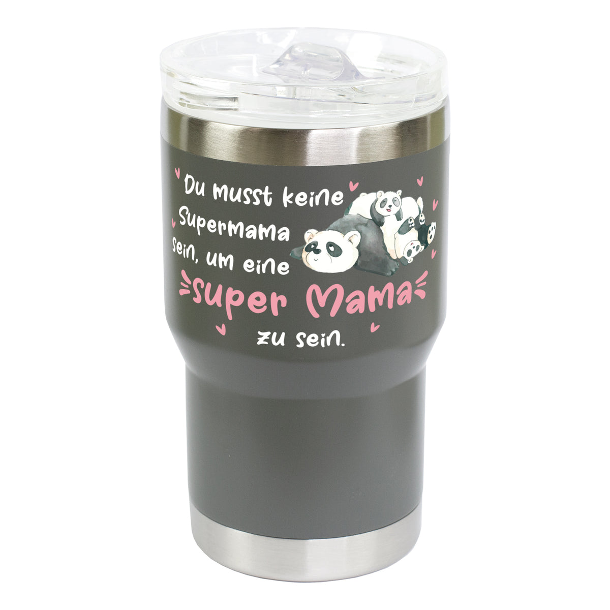 Detailansicht Thermobecher grau mit Panda Motiv und Spruch Super Mama