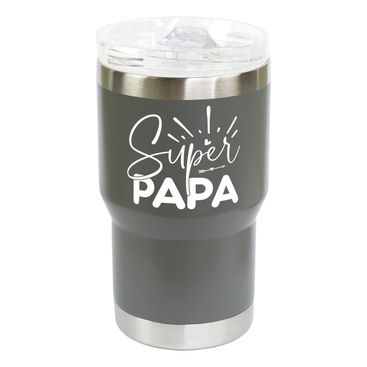 Grauer Thermobecher mit Super Papa Motiv freigestellt auf hellem Hintergrund