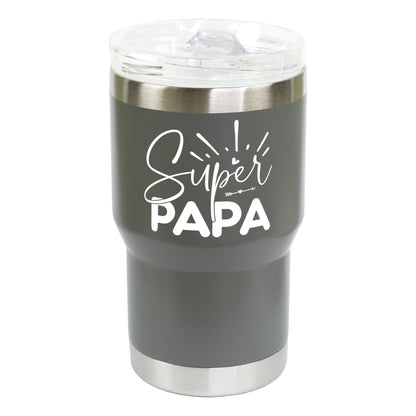 Grauer Thermobecher mit Super Papa Motiv freigestellt auf hellem Hintergrund