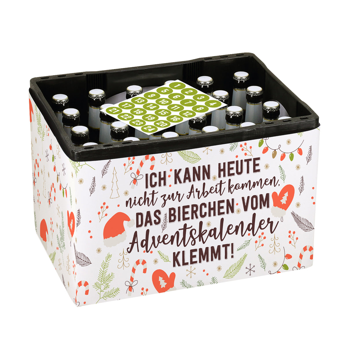 Bierkasten mit aufgezogener Adventskalender-Banderole und Aufkleberbogen auf den Flaschen, freigestelltes Produktfoto