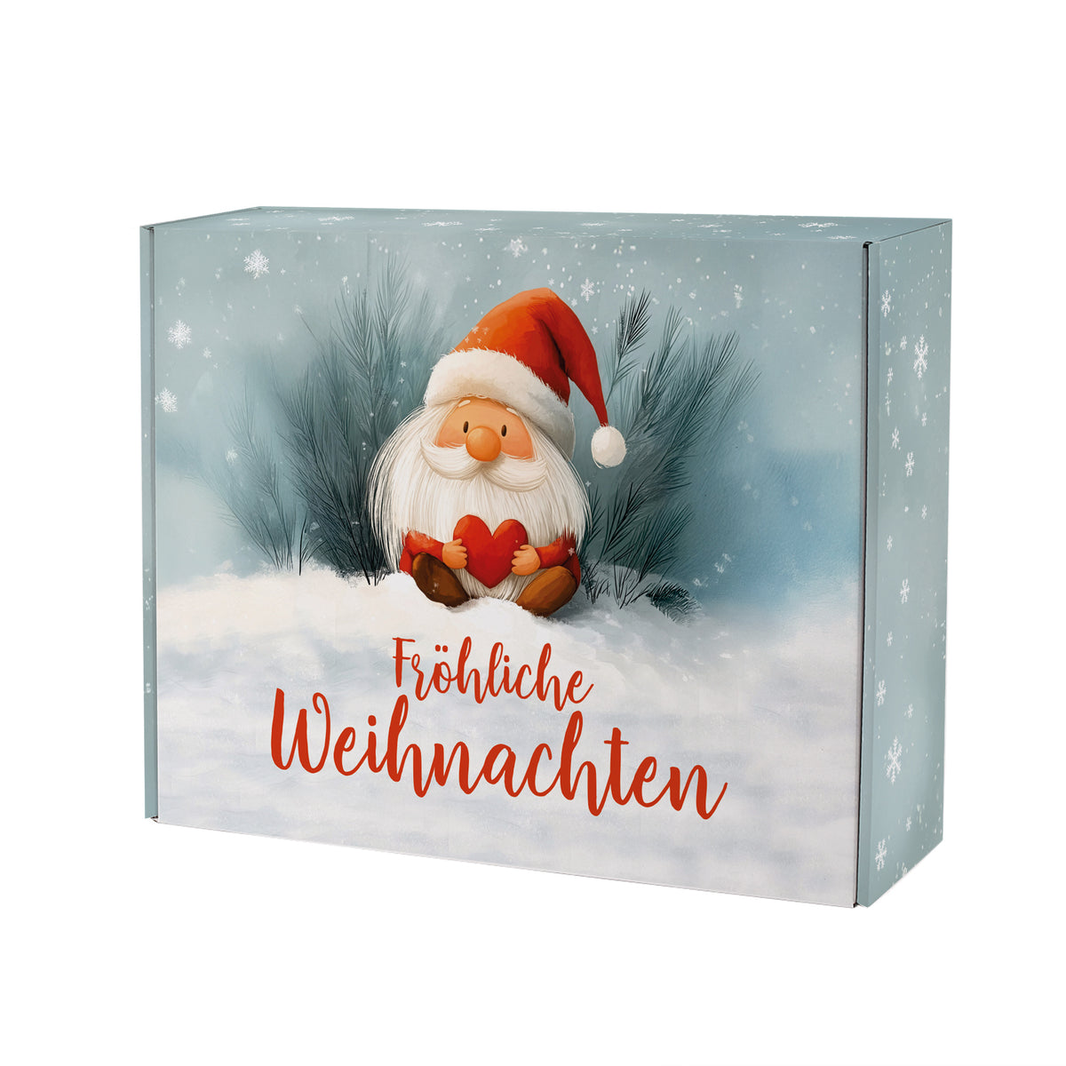 Festlich dekorierte XL-Geschenkbox mit Wichtelmotiv und Kerzen im Hintergrund