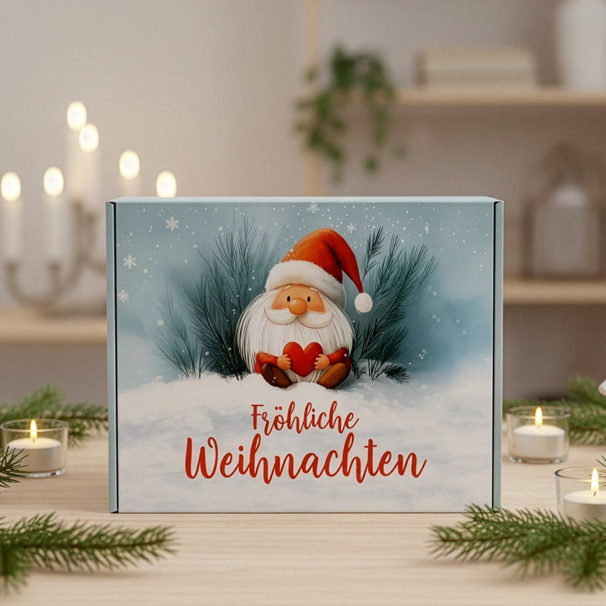 XL-Geschenkbox Weihnachten mit Wichtelmotiv und Geschenkpaketen – Ansicht schräg von oben
