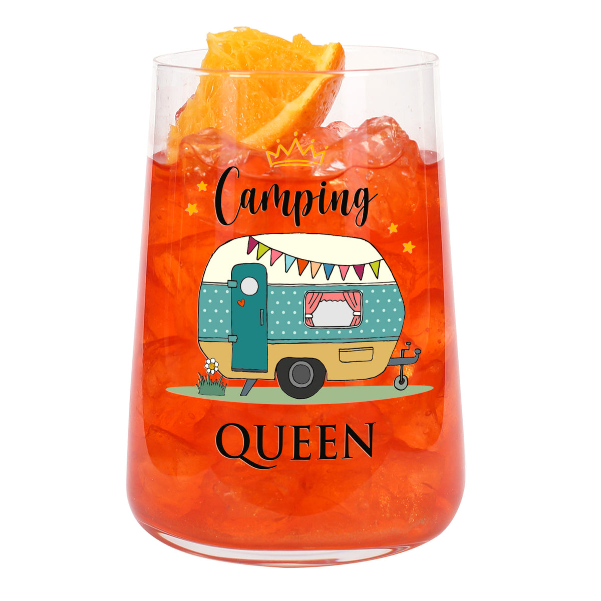 Trinkglas mit orangefarbenem Getränk, Eiswürfeln und Camping Queen Motiv mit buntem Wohnwagen