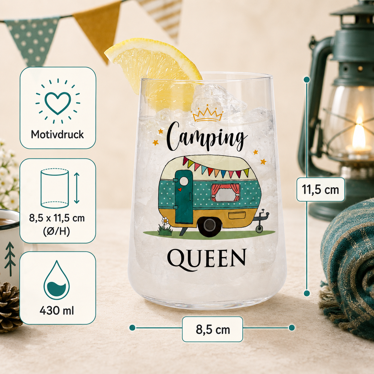 Produktinfografik zum Camping Queen Trinkglas mit Motivdruck, 430 ml Fassungsvolumen und Maßen 8,5 x 11,5 cm