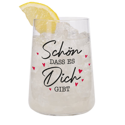 Freigestelltes Trinkglas mit Eiswürfeln, Zitronenscheibe und Aufdruck Schön dass es Dich gibt