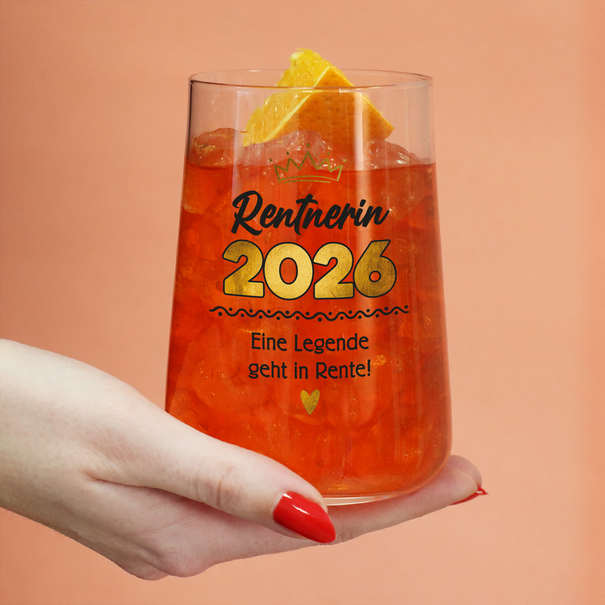 Geschenkglas Rentnerin 2026 mit Eiswürfeln und Aufdruck zum Ruhestand