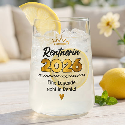 Trinkglas Rentnerin 2026 mit Zitrone, Eiswürfeln und gold-schwarzem Renten-Aufdruck