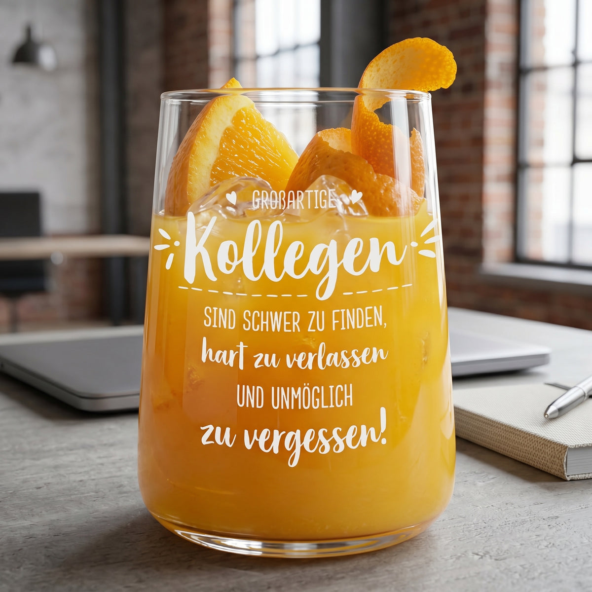 Trinkglas mit Spruch für Kollegen, gefüllt mit Orangensaft, Eiswürfeln und Orangenscheiben im Büro