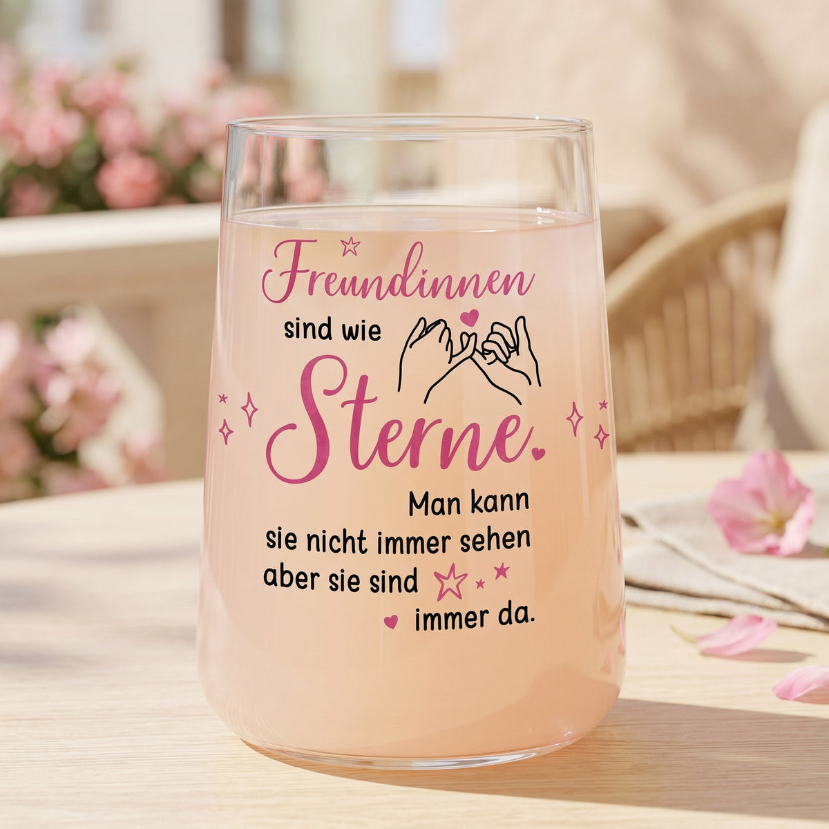 Trinkglas mit Freundinnen-Spruch und zart rosafarbenem Getränk auf einem Tisch mit Blumen im Hintergrund als liebevolle Geschenkidee