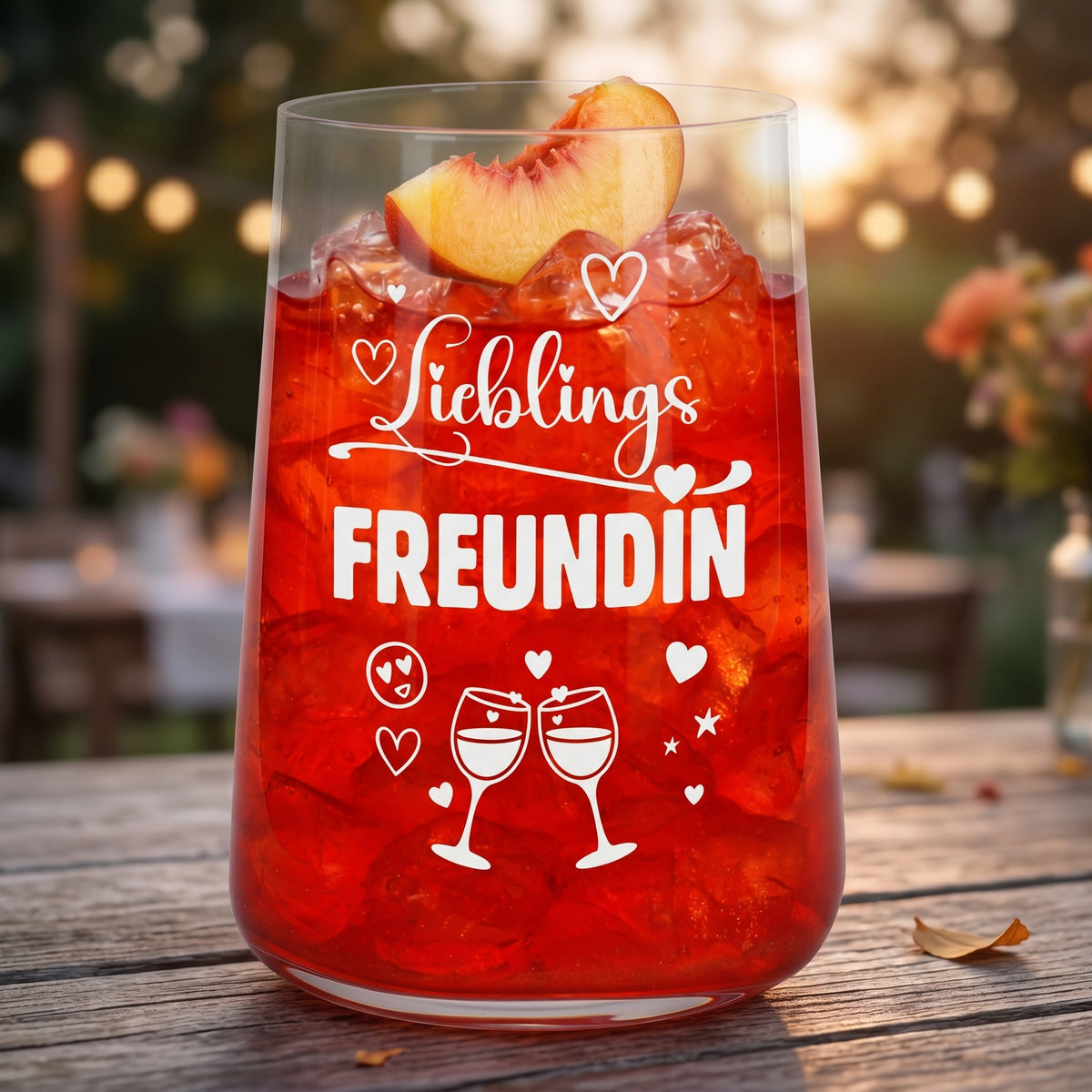 Trinkglas mit weißem Aufdruck Lieblingsfreundin, gefüllt mit rotem Getränk und Eiswürfeln, in warmer Outdoor-Atmosphäre