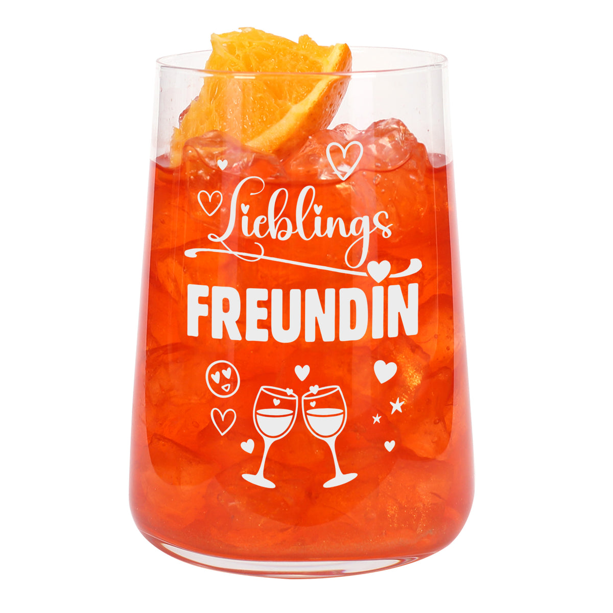 Freistehendes Trinkglas mit Motiv Lieblingsfreundin auf dunklem blauen Hintergrund, gut sichtbar mit Herz- und Gläsermotiv bedruckt