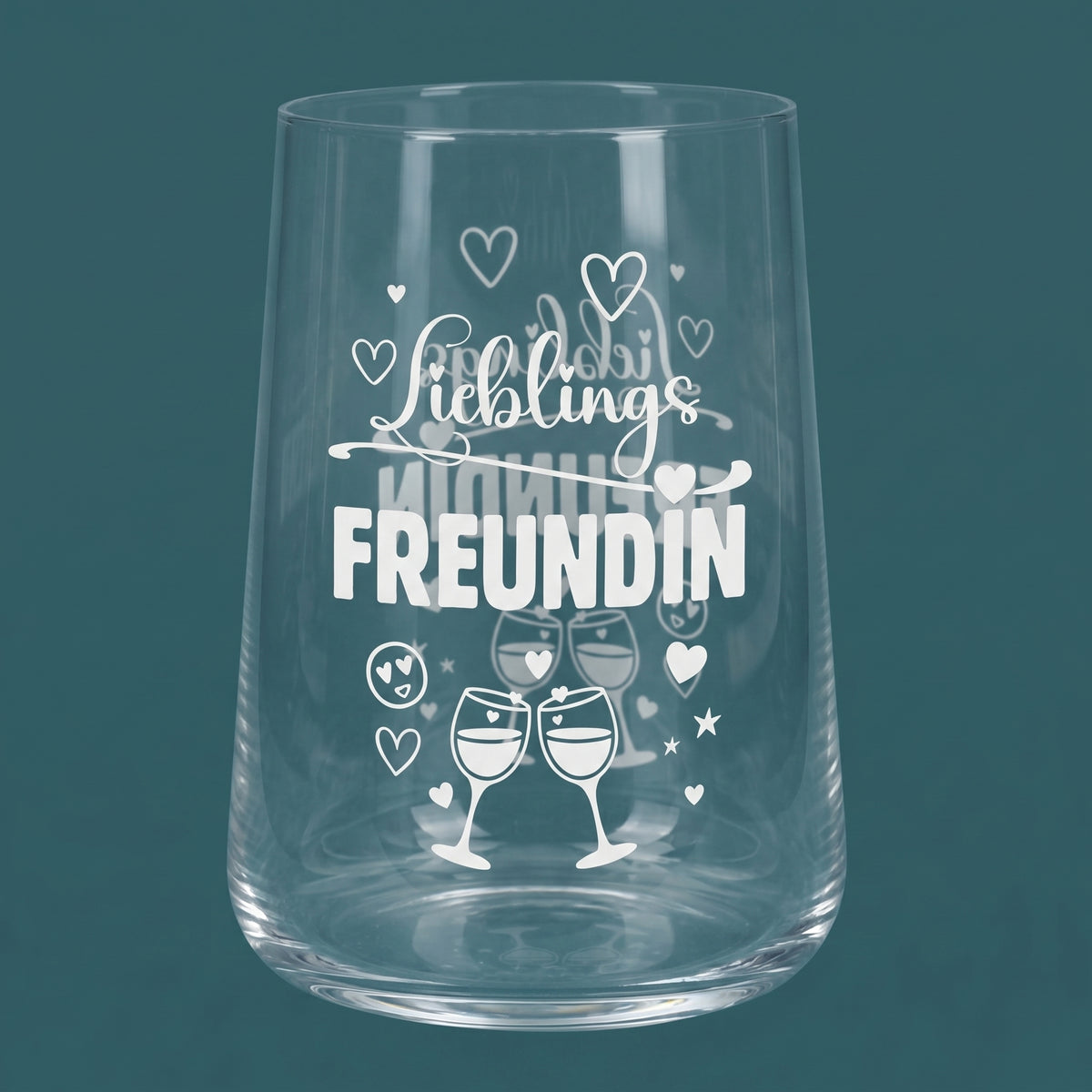 Infografik zum Trinkglas Lieblingsfreundin mit Motivdruck, 430 ml Fassungsvermögen und Maßen 8,5 x 11,5 cm