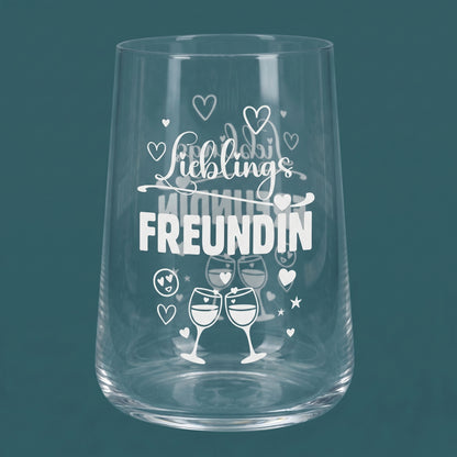 Infografik zum Trinkglas Lieblingsfreundin mit Motivdruck, 430 ml Fassungsvermögen und Maßen 8,5 x 11,5 cm