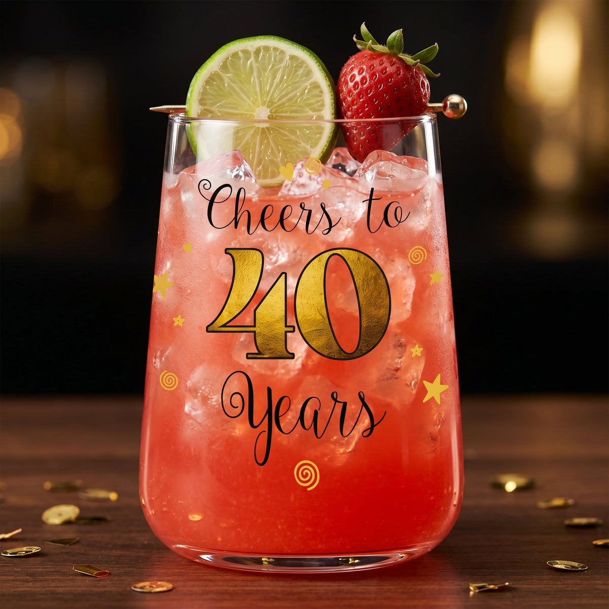 Cocktailglas zum 40. Geburtstag mit rotem Drink, Eiswürfeln, Limette und Erdbeere