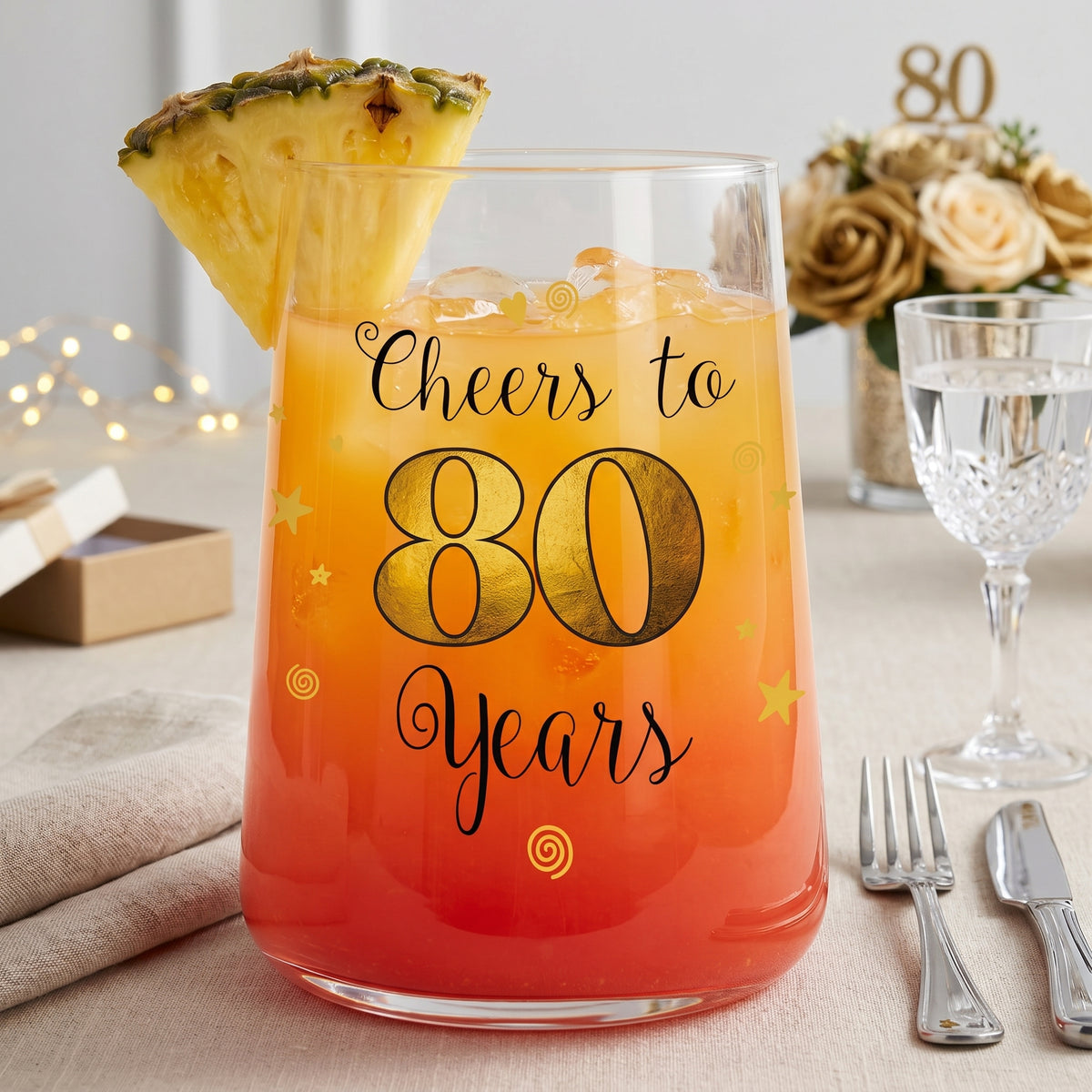 Cocktailglas zum 80. Geburtstag mit Ananasgarnitur und orange-rotem Getränk auf festlicher Geburtstagstafel