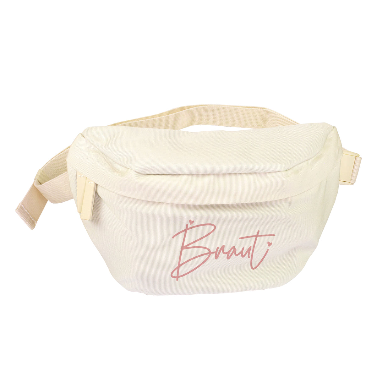 Cremefarbene Bauchtasche mit rosa Braut-Aufdruck als Produktbild auf weißem Hintergrund