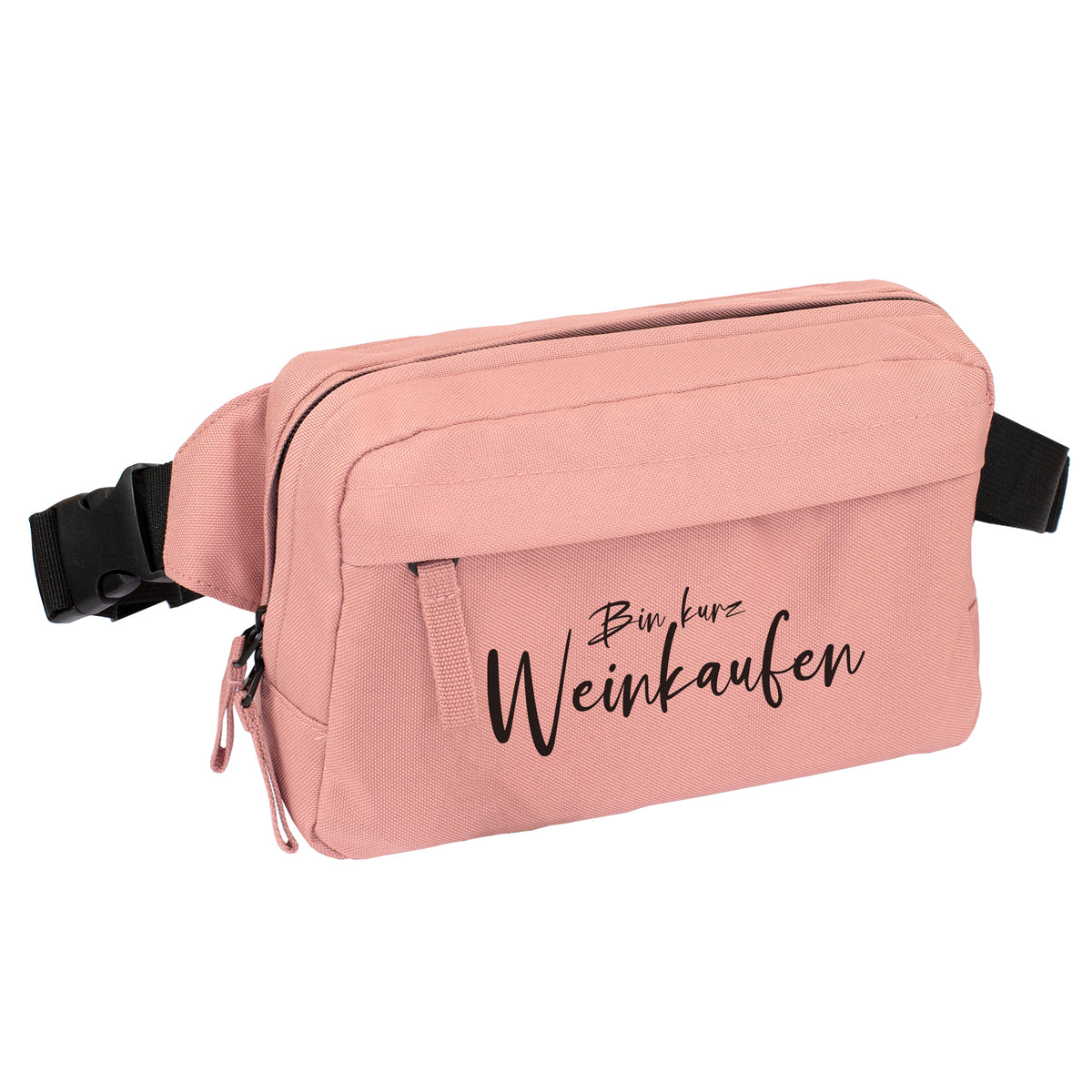 Rosa Bauchtasche mit schwarzem Spruch Bin kurz Weinkaufen auf weißem Hintergrund
